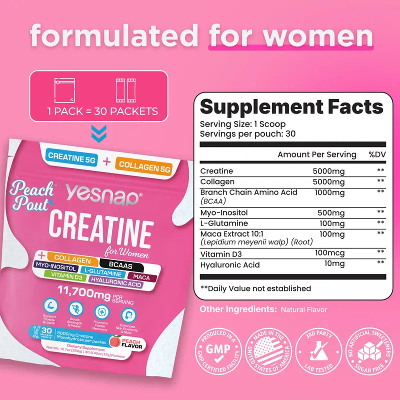 YESNAP Peachpout Creatine for Women, 5G Creatine Monohydrate + 5G Collagen Powder, Myo-Inositol & BCAA, MACA, Hyaluronic Acid, Delicious Peach Flavor, 30 Packets, All-In-One Women Wellness Supplement