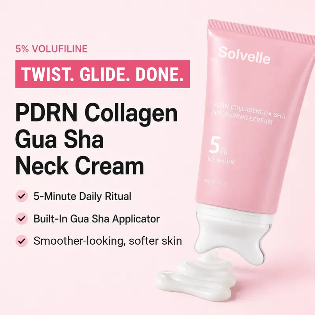 Solvelle Gua Sha Neck Cream tube with the gua sha head and a swirl of cream. Twist, glide, done.