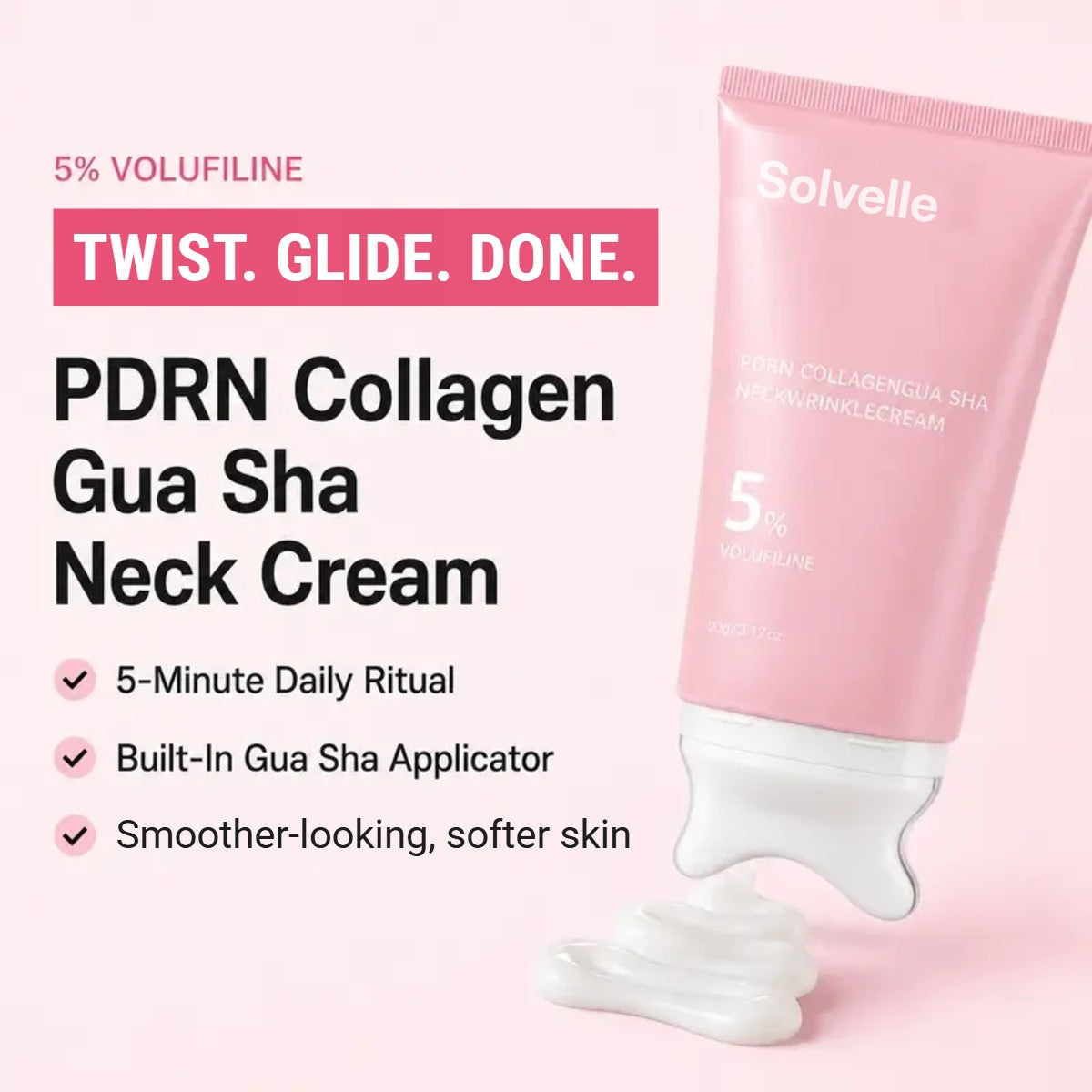 Solvelle Gua Sha Neck Cream tube with the gua sha head and a swirl of cream. Twist, glide, done.